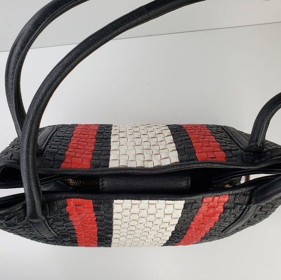 Clever Carriage Black Red & Ivory Striped Weaved Leather Beautiful Shoulder Bag - Picture 6 of 11
